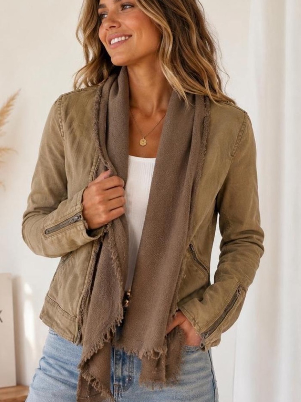 Free People Olive Taupe Shawl-Collar Jean Jacket